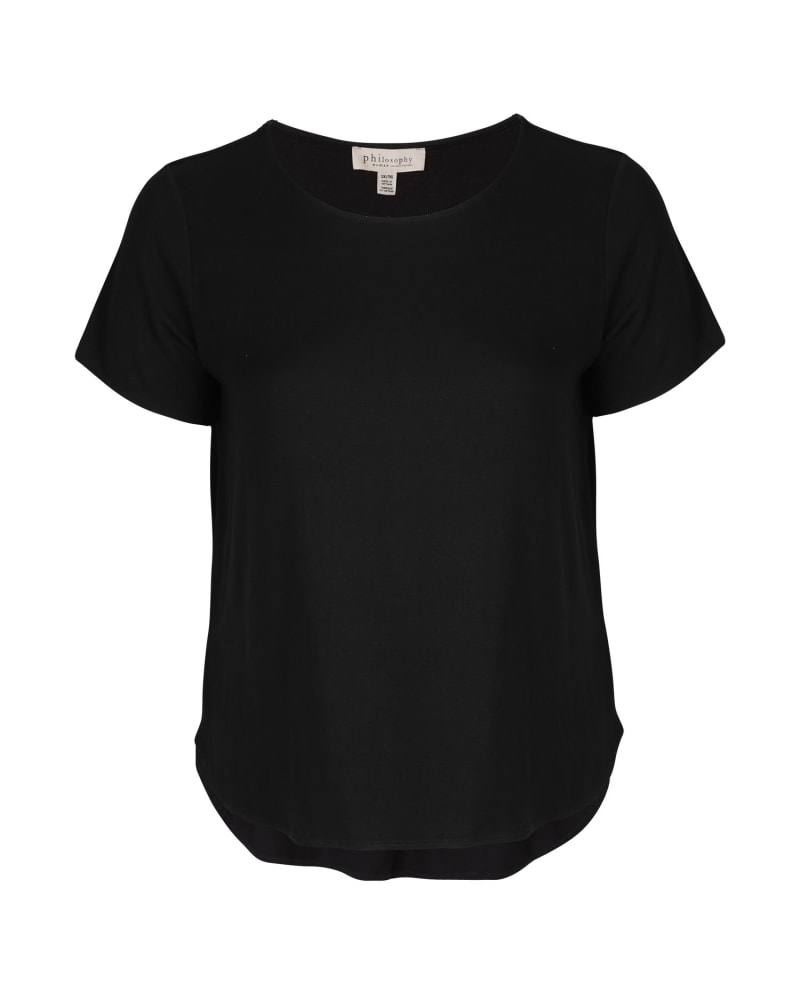 Front of a size 1X Elin Hi-Lo Top in Black by Philosophy. | dia_product_style_image_id:311177